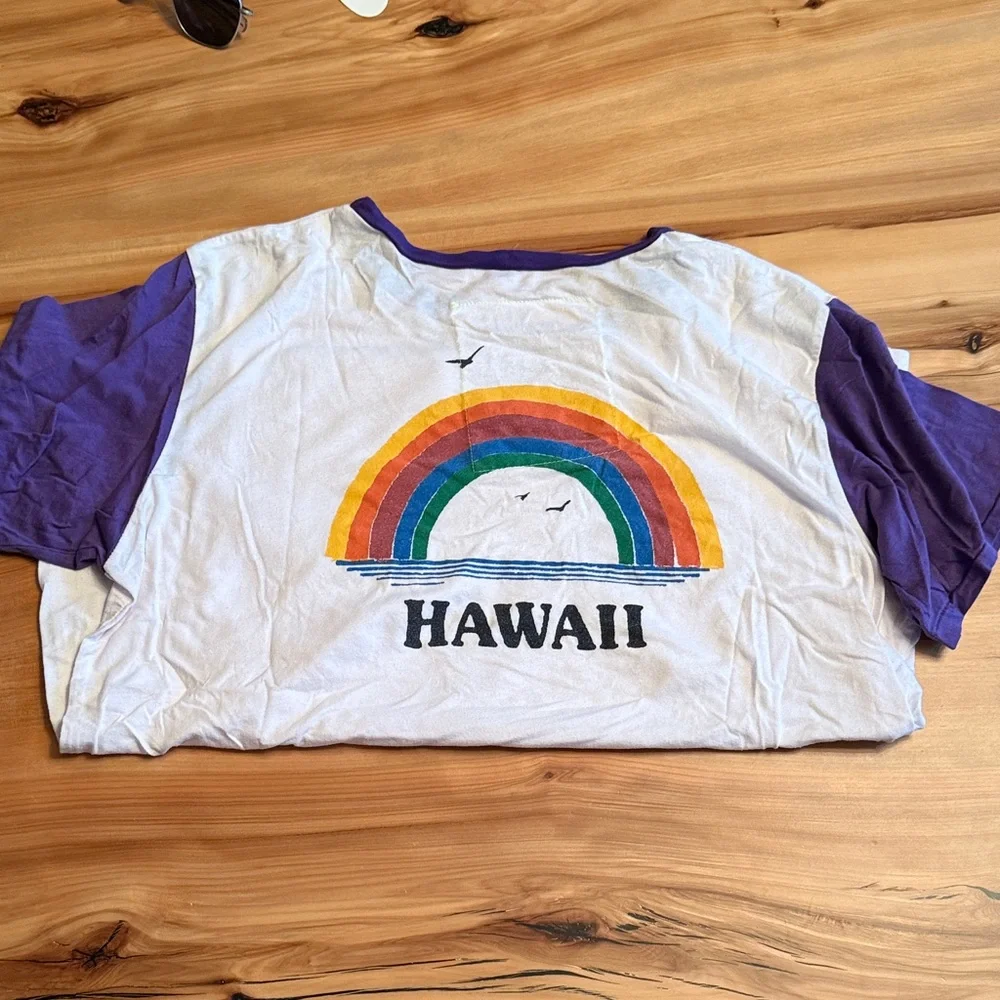 Aviator Nation White Tee with Purple Sleeves and Rainbow Hawaii Graphic - Picture 1 of 3